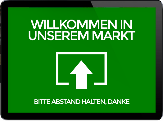 Cucuos - Bildschirmsignal zum Eintreten in den Markt. Es dürfen noch weitere Personen eintreten.